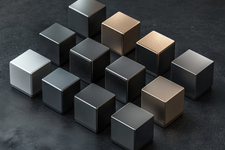 Isometric view of dark gray and light bronze metal cubes, hyper-realistic, in the style of Octane render. --ar 3:2 --v 6.1 Job ID: c3465f34-3080-445b-a71c-6391c860c0afの素材