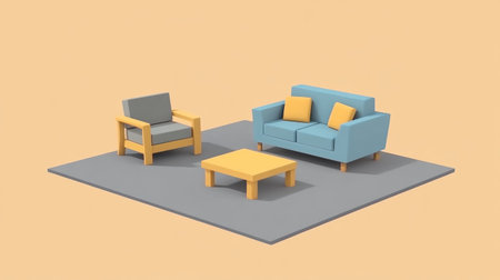 Minimalist living room with a sofa, armchair, and coffee table. Beige wall background. Blue-gray couch with yellow pillows. Soft gray carpet floor. Modern home interior design of a modern apartment or house. Blank space for a mock-up. --chaos 30 --ar 16:9 --v 6.1 Job ID: b501d6f9-43cc-4690-9a22-b9e943066708の素材