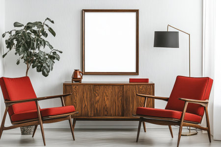 A mockup of an empty, blank poster frame on the wall in a mid-century modern living room with red chairs, a wooden sideboard, and a floor lamp. The interior design is minimalist, with white walls. --ar 3:2 --v 6.1 Job ID: 189b4781-370a-42b5-9eae-8410df85a0c6の素材