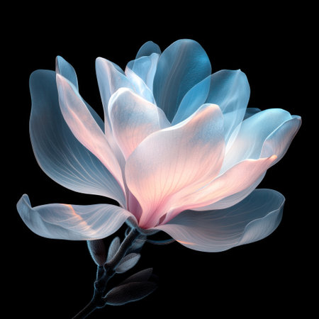 Close-up of an elegant magnolia flower, with translucent petals displaying soft pink and blue gradients against a black background. Photorealistic, macro photography, hyper-detailed, and rendered with super-resolution in the style of Octane. --v 6.1 Job ID: 7b201e5c-56ee-4971-85d3-81ef1d6789d7の素材