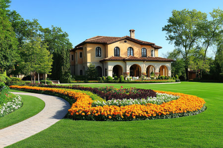 A majestic, Italian-style mansion with an expansive lawn and colorful flower beds in the front yard. The house is surrounded by lush greenery and trees under a clear blue sky. A winding path leads to its entrance, leading into an elegant living space filled with warm colors and intricate architectural details. --ar 3:2 --v 6.1 Job ID: b12c4ae4-0643-406a-8526-f5ca85e773c3の素材