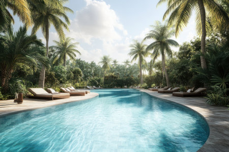 A luxurious swimming pool surrounded by palm trees, with sun loungers and clear blue water in the middle of an exotic jungle setting. --ar 3:2 --v 6.1 Job ID: 1e547bbf-f08f-4156-997c-a7a5bed5cc37の素材