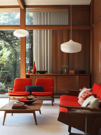 A mid-century modern living room, with wood and red furniture, interior design magazine photograph. --ar 3:4 --v 6.1 Job ID: 25af473f-cec2-4466-8351-c8bf1c3f672fの素材