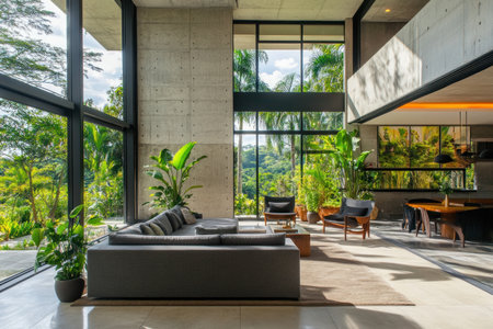 A large concrete wall in the living room, a grey sofa, and potted plants on both sides of it. Floor-to-ceiling glass windows with a green landscape outside, a modern-style interior design, and ultra-realistic photography. --ar 3:2 --v 6.1 Job ID: ae32a7fe-c6be-42ed-a139-dd65961c7abdの素材