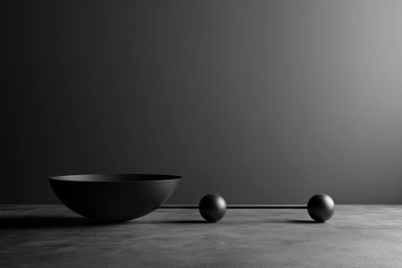 Black geometric shapes, black and gray background, simple composition, 3D rendering, C4D, minimalist style, sense of technology, studio lighting, studio shooting scene, 50mm focal length. A round bowl on the left is connected to three long legs in different directions, with one ball at each end of them. The overall composition is symmetrical with balanced proportions. The color tone should be dark gray, with subtle gradient shadows and highlights. High resolution, high quality, high detail. --ar 3:2 --v 6.1 Job ID: c3bb58eb-2523-46fc-aab4-b1c3e1ce0f02の素材
