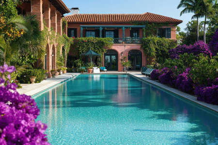 A large, luxurious mansion with an outdoor pool and garden in Miami's turquoise blue tones. The house has traditional Spanish architecture with red brick walls, greenery on the roof, plants, flowers, a swimming pool surrounded by colorful flower beds, green trees, a stone path leading to it, a small gazebo for relaxing near the water edge, with bright purple bougainvillea bushes around it. In summer, the sun shines brightly. --ar 3:2 --v 6.1 Job ID: 3084e51a-9951-4a31-bc9f-15f66b792443の素材