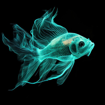 A bioluminescent fish, glowing in a teal color against a black background, with transparent and translucent waves of light around its body. The image is beautiful, elegant, and has a fantasy, surrealistic, and photorealistic quality. --v 6.1 Job ID: 99d03ac8-922a-4417-a631-9d35e2207344の素材