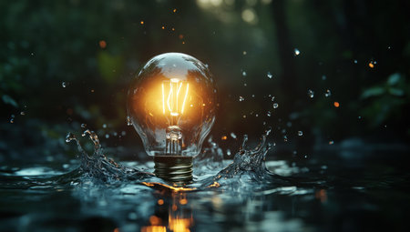 A light bulb floating in water, with splashes of the liquid around it, and the warm glow from within illuminating its surroundings. The background is dark, with hints of greenery suggesting an outdoor setting. --ar 53:30 --v 6.1 Job ID: 610cfb15-d6a1-4d6b-91b8-9bd48b0e0b54の素材