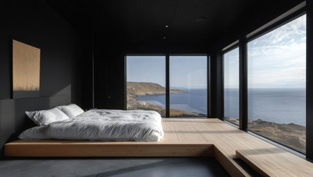 A modern bedroom interior with large windows and a sea view, featuring a minimalistic design of the bed on a wooden platform. The room has black wall panels, a gray floor, and a white ceiling. The panoramic window offers a view of the blue sky outside. --ar 53:30 --v 6.1 Job ID: d86e6d7a-eb71-429f-aa0f-56ded52a46a9の素材