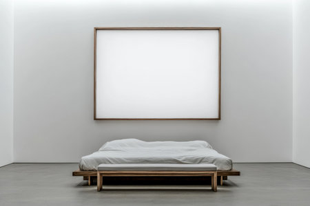 A large white wall with an empty picture frame in the center of it. Behind it is a modern bed and bench made of wood and fabric. Interior design, front view, high-resolution photography, insanely detailed, fine details, isolated plain background, stock photo color grading, soft shadows, low contrast, clean sharp focus. --ar 3:2 --v 6.1 Job ID: 2b88a31b-f898-4513-89c2-92ef890c7969の素材