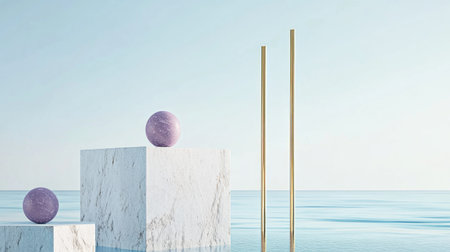 A minimalistic, 3D rendering of an abstract composition with three different geometric shapes in the foreground and one purple ball on top of each shape. The background is light blue. There are also two long golden sticks coming out from behind them that add to its simplicity. It feels like something you would see floating around in space or inside your head, as if it were dreamlike or a thought process. --chaos 30 --ar 16:9 --v 6.1 Job ID: 58c97340-2997-47ea-a61d-9508e81234a7の素材