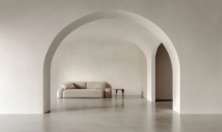 A minimalist interior with an arched doorway leading to the living room, featuring white walls and a polished concrete floor. The focus is on the archway, which adds depth and character to the space. There's a sofa in front of it, and there is some minimal furniture around. The overall feel is clean and elegant, with soft lighting highlighting details like textures or patterns on items. --ar 5:3 --v 6.1 Job ID: 8a38146d-db4d-46a3-8acc-2f20ad716a49の素材
