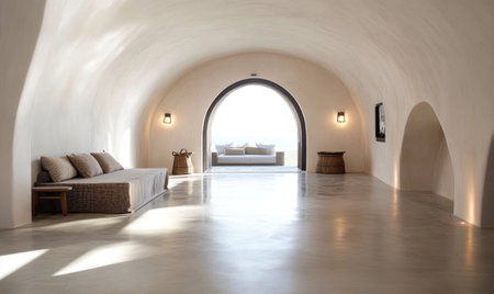 A minimalist interior with an arched doorway leading to the living room, featuring white walls and a polished concrete floor. The focus is on the archway, which adds depth and character to the space. There's a sofa in front of it, and there is some minimal furniture around. The overall feel is clean and elegant, with soft lighting highlighting details like textures or patterns on items. --ar 5:3 --v 6.1 Job ID: 546fbd11-8f2c-4e63-a481-d0fa091db70fの素材
