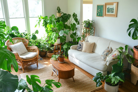 A living room with plants, a sofa, and a wooden floor. The white wall is decorated with greenery such as Monstera deliciosa plants, wicker armchairs, a woven area rug, and a wooden coffee table. A plant stand on the back of an elegant beige fabric couch adds to the bohemian-style decor. --ar 3:2 --v 6.1 Job ID: 7133ce97-a675-4aa9-91ab-f6cf5c227c1cの素材
