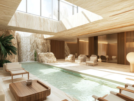 A modern hotel lounge with a pool, marble and wood accents, a large glass ceiling opening to the sky above, chairs around a coffee table, a water feature in the background, contemporary architectural design, interior renderings, architectural rendering, interior view, perspective view, interior composition, V-Ray tracing, interior rendering. --ar 4:3 --v 6.1 Job ID: 768f4d16-aee3-4d94-9435-3ee28aaaed4dの素材