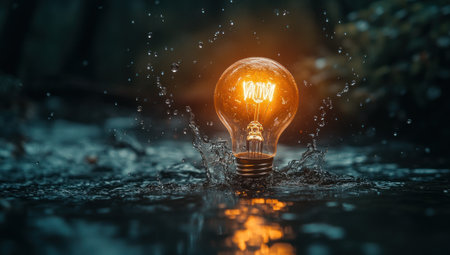 A light bulb is floating in the water, splashing with drops of rain and glowing brightly, creating an atmosphere of mystery and magic. The background features dark forest tones, creating a mysterious ambiance. This photo was taken using a Canon EOS R5 camera and has a resolution of 8K. --ar 53:30 --v 6.1 Job ID: 0161fbaa-385d-4096-94bb-10120cc0a966の素材