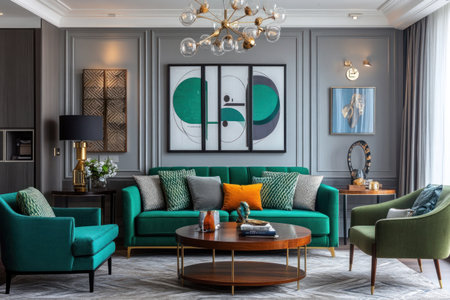 A modern living room with gray walls, a teal sofa and a green armchair, a wooden coffee table, decorative art deco frames on the wall, geometric patterns in the decor, and soft lighting from pendant lamps. --ar 3:2 --v 6.1 Job ID: 8fa705c6-d152-4d65-891d-9287e69e7c0bの素材