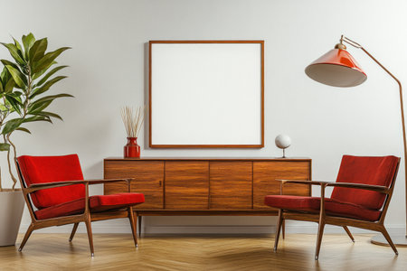 A mockup of an empty, blank poster frame on the wall in a mid-century modern living room with red chairs, a wooden sideboard, and a floor lamp. The interior design is minimalist, with white walls. --ar 3:2 --v 6.1 Job ID: 189b4781-370a-42b5-9eae-8410df85a0c6の素材