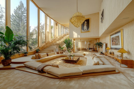 A modern American-style living room features beige walls and a gold chandelier as decorative elements. A large sofa is combined with a coffee table, situated in the center of a long, curved carpeted floor. The room boasts large windows, high ceilings, and green plants. The wood grain floors are complemented by vintage oil lamps on side tables, providing a warm lighting ambiance. An empty frame hangs above one of the walls. --ar 3:2 --v 6.1 Job ID: 6ddba8fb-6b79-4be5-a1be-b580bd6db02eの素材