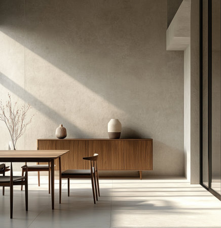 A minimalist dining room with an elegant table and chairs, a wooden sideboard against the wall, a vase on top of it, and a window to one side. The walls have a gray color, the floor is white, and the lighting comes from above, creating shadows that highlight details like wood textures or the texture of objects. The photo was taken at eye level using a Canon EOS R5 camera with a 30 mm lens. --ar 29:30 --v 6.1 Job ID: 492b19bf-da72-412e-9a23-7f9240f8210cの素材