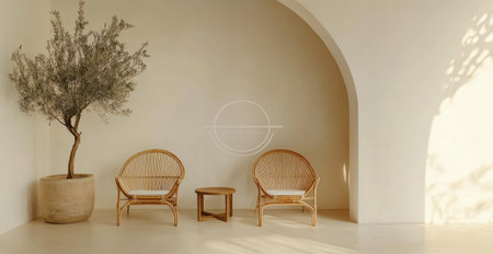 A minimalist interior wall with a wooden arch and two rattan chairs, set against an empty white background. The room features soft lighting and is adorned with a small olive tree in the corner near one of the chairs. A side table sits between them, adding to the simplicity and elegance of the design. This design exudes tranquility through clean lines and neutral tones. --ar 29:15 --v 6.1 Job ID: 5a49842f-b2c7-4189-9084-4330525059e6の素材