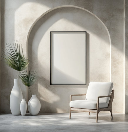 A modern minimalist room with an arched wall, white vases, and a small chair in the foreground. A blank frame adorns one of the walls. The scene features hyper-realistic photography, cinematic lighting, shadows, and natural daylight. --ar 29:30 --v 6.1 Job ID: 2fe23720-f7d6-4425-b0c5-2ef73a21d1d8の素材