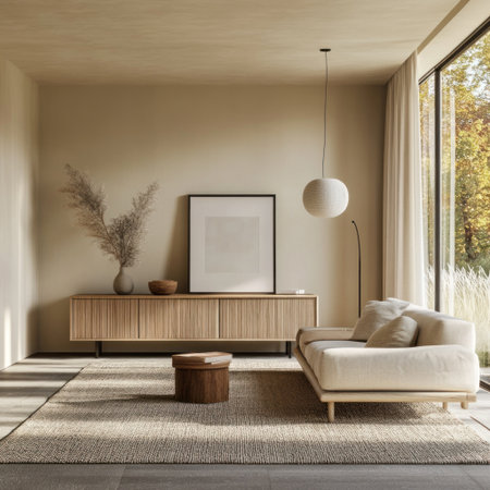 A modern living room with a sofa, sideboard, and floor lamp. A window is on the right wall, with light beige walls, a neutral-toned carpet, a white ceiling and floor. A large window overlooks nature, and a large frame mockup hangs above a console table. Natural daylight streams in through the windows, creating a cozy atmosphere. High-resolution photography. --v 6.1 Job ID: e6e6b3f5-10a0-4f1b-af8c-991f5c40536eの素材