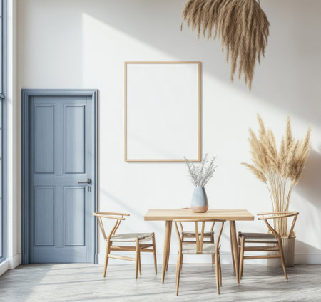 A large white wall with an empty poster frame, a modern dining room interior in light colors, a wooden table and chairs, a blue door, a decorative vase on the floor, boho-style decoration made of pampas grass hanging from above, photorealistic, high resolution, high quality, detailed. --ar 16:15 --v 6.1 Job ID: e6e76997-28e0-45ed-92b0-35a5ff61432fの素材