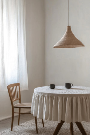 A minimalist dining room with white walls, a natural wood table and chairs, a linen round skirted tablecloth, a Scandinavian-style pendant light fixture, a small black coffee mug on the side of one chair, and a simple pattern rug. --ar 2:3 --v 6.1 Job ID: 3e8e8604-f44a-4977-ae2e-a37cb55de24bの素材