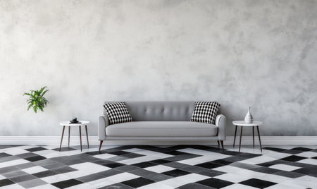 A gray sofa and two white side tables in front of the wall, with black-and-white checkered floor tiles, modern minimalist style, clean background, high-resolution photography, high quality. --ar 5:3 --v 6.1 Job ID: a75d790c-3732-40a6-896e-62c98d44e2e5の素材