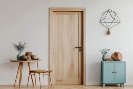 A light wooden door in the center of an empty room, with a small table and chair beside it, decorated with hats on top. The wall is white, creating a minimalist yet cozy atmosphere. A geometric decoration hangs above the door frame, adding to its modern feel. In front of the entrance stands a pastel blue side cabinet that holds various items like plants or decor pieces. This scene embodies Scandinavian-style home design. --ar 3:2 --v 6.1 Job ID: bd7af1da-a974-4dff-867d-5ea83b3df346の素材