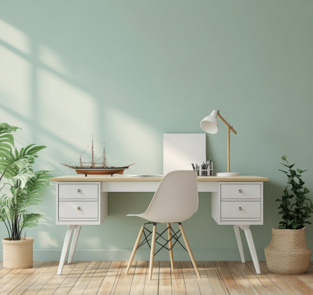 A light green wall with an empty desk and three drawers, and some plants on the side of it. A white, modern office interior design with wooden floorboards. A lamp on top of the table, a chair under the work station, and a white drawing board in front of the work surface. Decorative elements such as a ship model or a plant pot. --ar 16:15 --v 6.1 Job ID: a4609f89-a0c2-4f54-a371-d93649281938の素材