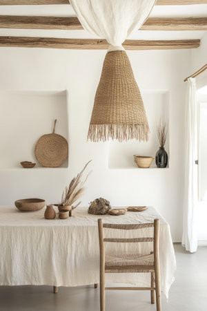 A dining room with chairs and a table, white wall background, Scandinavian-style interior design photography, boho-chic decor, a hanging light wood pendant lamp, a linen chair in the center of the picture, natural elements on the table, and a linen ribbon over the ceiling. --ar 2:3 --v 6.1 Job ID: be88ce5c-fd6c-488d-b70b-178cf5f9378eの素材