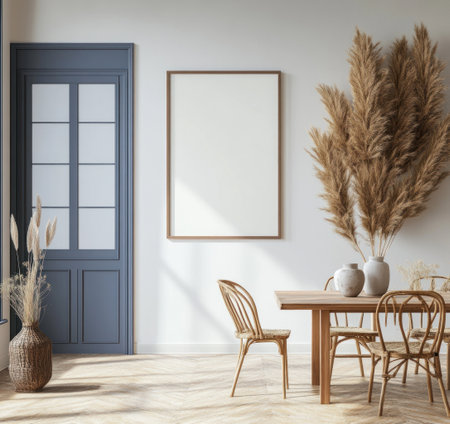 A large white wall with an empty poster frame, a modern dining room interior in light colors, a wooden table and chairs, a blue door, a decorative vase on the floor, boho-style decoration made of pampas grass hanging from above, photorealistic, high resolution, high quality, detailed. --ar 16:15 --v 6.1 Job ID: e6e76997-28e0-45ed-92b0-35a5ff61432fの素材