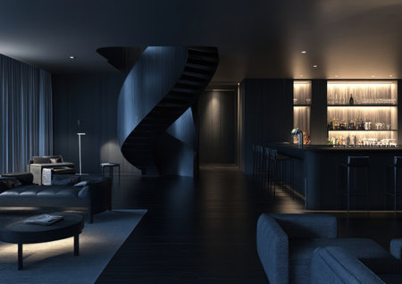 A modern hotel bar with contemporary furniture, a dark blue and grey color palette, black oak flooring, light wood panels on the walls, and a spiral staircase in the background, all rendered in a photorealistic style. --ar 7:5 --v 6.1 Job ID: 355a9278-021d-4797-a7af-6b112cd4a354の素材