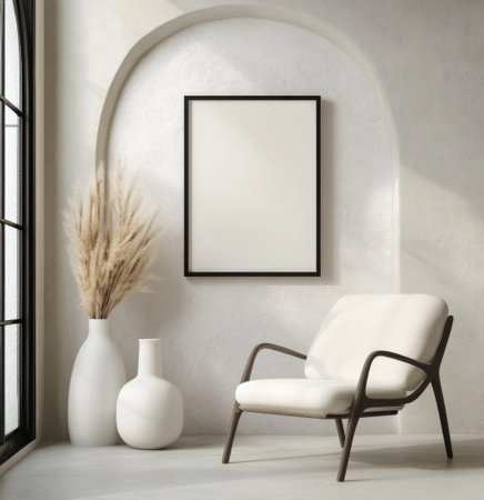A modern minimalist room with an arched wall, white vases, and a single simple chair. A large, blank picture frame hangs on the wall. The style of photography features soft, natural light. --ar 29:30 --v 6.1 Job ID: 6e171b0f-af9f-4288-9009-ed06bf5be78bの素材