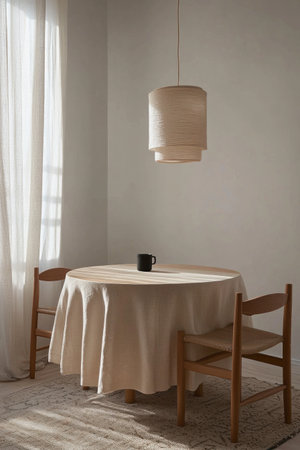 A minimalist dining room with white walls, a natural wood table and chairs, a linen round skirted tablecloth, a Scandinavian-style pendant light fixture, a small black coffee mug on the side of one chair, and a simple pattern rug. --ar 2:3 --v 6.1 Job ID: 3e8e8604-f44a-4977-ae2e-a37cb55de24bの素材