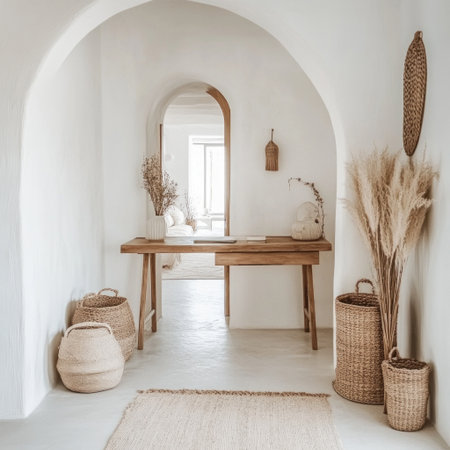 A modern boho-style entryway with white walls, a small wooden desk in the center of the room, and an arched doorway on one side leading to another living space. There are also some wicker baskets sitting under a console table. The aesthetic should be minimalistic yet cozy, and include natural elements like wood or linen fabric. Use soft lighting and natural colors for an inviting atmosphere. --v 6.1 Job ID: f085d470-9c91-47bd-86e5-573f6920e3e3の素材