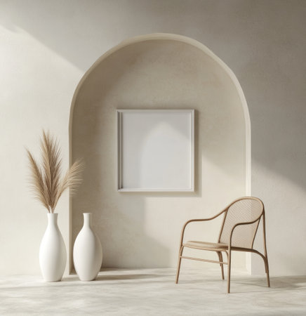 A modern minimalist room with an arched wall, white vases, and a small chair in the foreground. A blank frame adorns one of the walls. The scene features hyper-realistic photography, cinematic lighting, shadows, and natural daylight. --ar 29:30 --v 6.1 Job ID: 2fe23720-f7d6-4425-b0c5-2ef73a21d1d8の素材