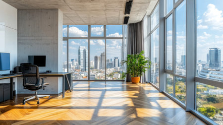 A modern office interior with glass walls, a white concrete wall, and a wood floor. A large window overlooks the city, and a herringbone parquet pattern covers the floor. A black computer desk with a chair sits in front of the window, taking advantage of the natural light streaming in. --chaos 30 --ar 16:9 --v 6.1 Job ID: 550fa7c3-336c-4183-bced-2d5b8b4ea62fの素材