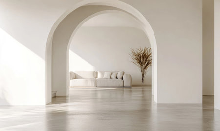 A minimalist interior with an arched doorway leading to the living room, featuring white walls and a polished concrete floor. The focus is on the archway, which adds depth and character to the space. There's a sofa in front of it, and there is some minimal furniture around. The overall feel is clean and elegant, with soft lighting highlighting details like textures or patterns on items. --ar 5:3 --v 6.1 Job ID: 8a38146d-db4d-46a3-8acc-2f20ad716a49の素材