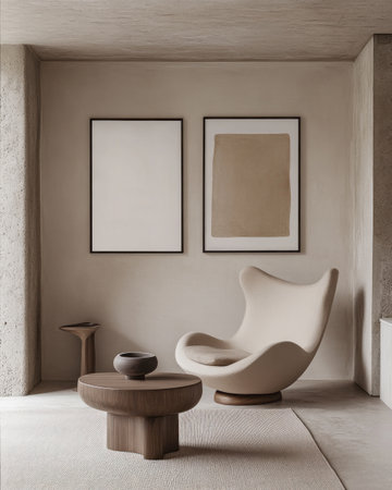A minimalist interior with two blank picture frames on the wall, showcasing clean lines and simplicity in the style of Scandinavian design. The room features neutral tones like beige or white walls, creating an elegant atmosphere. A modern armchair sits next to it, adding comfort while maintaining minimalism. There's also a coffee table nearby for setting up decorative items. --ar 4:5 --v 6.1 Job ID: 462f1efe-54b4-4735-9f30-96de68e1ea38の素材