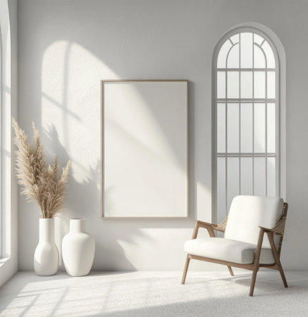 A modern minimalist room with a large wall, featuring an empty frame mockup on the left side of it. The scene includes white vases and decorative elements, creating a serene atmosphere. A chair is placed near one corner for comfort. This setting captures the essence of simplicity in interior design. White walls with arched windows add to its minimalistic charm. There's natural light coming through the window, highlighting details like textures or patterns on items, adding depth. --ar 29:30 --v 6.1 Job ID: ea0e603c-2507-451d-ac58-5f97cb83f4f8の素材