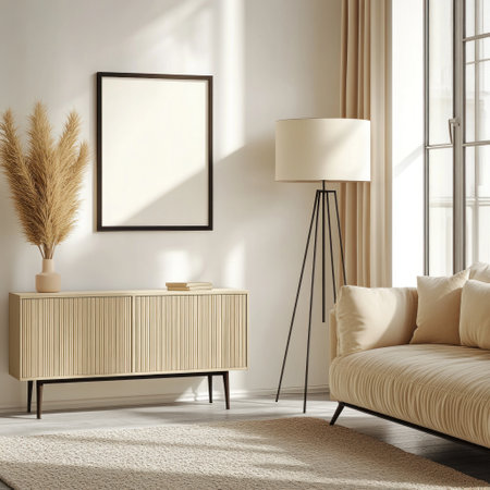 A modern living room with a sofa, sideboard, and floor lamp. A large window is on the right wall. The carpet is in a beige color, and the walls are painted white. The decor style is modern and minimalist, with light tones and bright natural lighting. The image is a frontal view, with a mockup of a blank poster frame hanging above a console table. This is an ultra-realistic photography in high resolution. --v 6.1 Job ID: 939c63d0-c631-44d0-90f3-c2a34ed486e6の素材