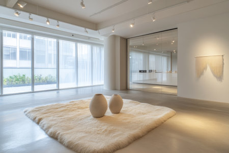 A modern home interior with a glass and concrete architectural style. The empty floor features vases on the ground, soft lighting, and a beige fur rug. The decor is minimalist and contemporary, with a window, a sound system, white walls, and grey floors. Glass doors lead to a balcony, and a kitchen can be seen in the background, with a view of the garden outside. --ar 3:2 --v 6.1 Job ID: 7522c4bb-19c2-4aa6-bd05-52bcbc0c6c51の素材