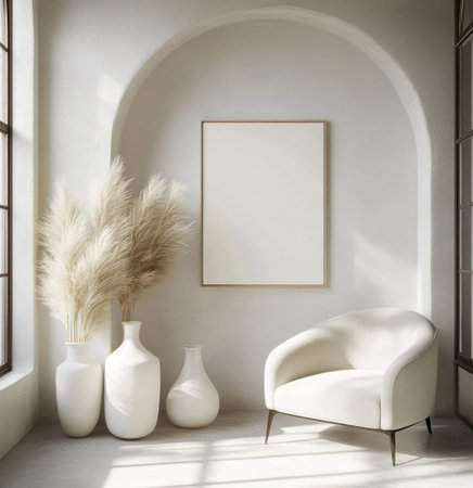A modern minimalist room with a large wall, featuring an empty frame mockup on the left side of it. The scene includes white vases and decorative elements, creating a serene atmosphere. A chair is placed near one corner for comfort. This setting captures the essence of simplicity in interior design. White walls with arched windows add to its minimalistic charm. There's natural light coming through the window, highlighting details like textures or patterns on items, adding depth. --ar 29:30 --v 6.1 Job ID: ea0e603c-2507-451d-ac58-5f97cb83f4f8の素材