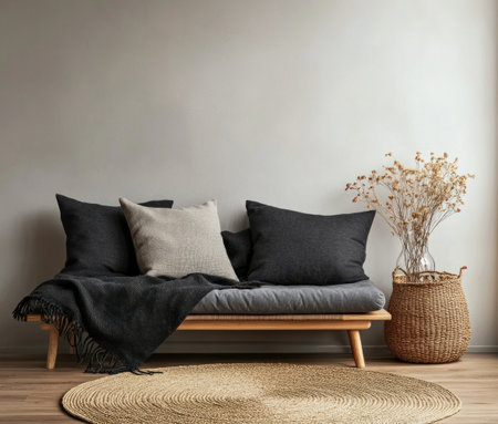 Modern interior, a gray sofa with a black blanket and pillows against the wall with copy space on it, boho-style home decor, a round jute rug, a wooden floor, a vase of dry flowers in a wicker basket, minimalistic design. --ar 7:6 --v 6.1 Job ID: 43bdafa9-071c-4c93-b5da-cc9a9c0ed1c4の素材