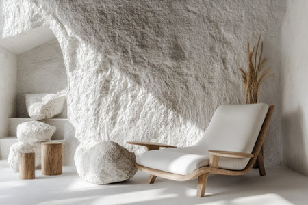 A minimalist interior design of a lounge chair, inspired by nature and the sea in white tones with textured walls. The room features natural elements like stone or wood to create a harmonious atmosphere. --ar 3:2 --v 6.1 Job ID: 68c0fcad-9342-4593-9141-bf54e580dc1eの素材