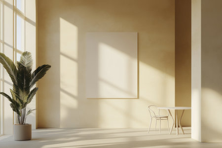A photo of a large wall in a modern office, with light beige walls and a white ceiling. There is an empty, blank canvas on the wall for a mockup, a round table near it, two chairs around it, a plant pot stand beside the window, and sunlight shining through the windows onto the floor. The room has no furniture or lighting equipment, creating a serene atmosphere. --ar 3:2 --v 6.1 Job ID: 5eca0720-3c7b-446f-91f5-739de9a7ee97の素材