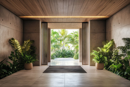 A modern entrance hall with concrete walls, a wooden ceiling, and plants in pots on the sides of an open door leading to a tropical garden, rendered in high resolution for a realistic look. --ar 3:2 --v 6.1 Job ID: 3a61c46e-8cba-4206-a546-b5d7d3a888edの素材